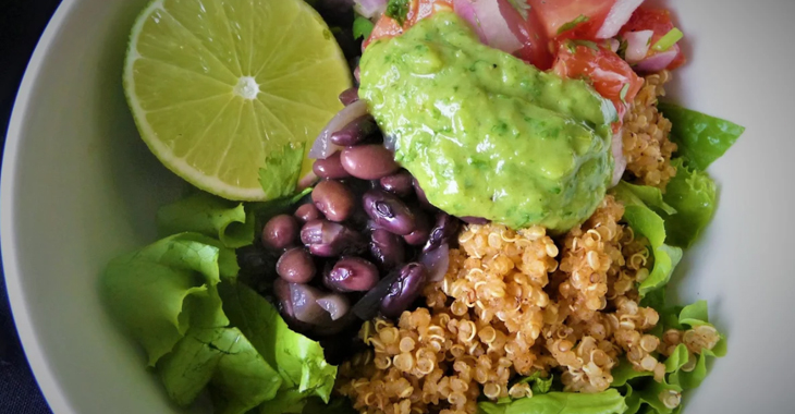 Quinoa Fiesta Bowl with Beans, Pico de Gallo, and Avocado Lime Dressing